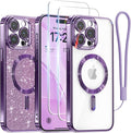 Meifigno for iPhone 15 Pro Max Case 6.7", [Glitter Card & Wrist Strap] [Compatible with MagSafe] [2X Screen Protectors] Surround Raised Camera Lens Protection for 15 Pro Max Case, Deep Purple