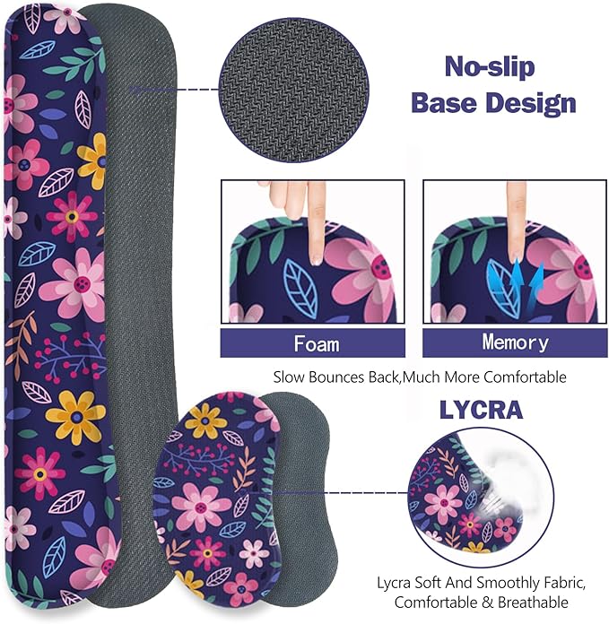 ToLuLu Extended Gaming Mouse Pad, Memory Foam Ergonomic Keyboard Mouse Wrist Rest Support Set, Large Desk Mat with Stitched Edges, Non-Slip Base Mousepad for Home Office Game Study, Purple Flowers