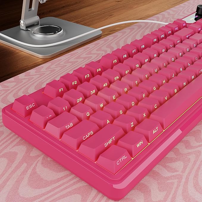 EWEADN V102 Wired Keyboard, 98 Keys Creamy Gaming Keyboard with Number Pad, Display Screen & Media Knob RGB Silent Wired Cute Computer Keyboard for Laptop PC Gamer - Dark Pink