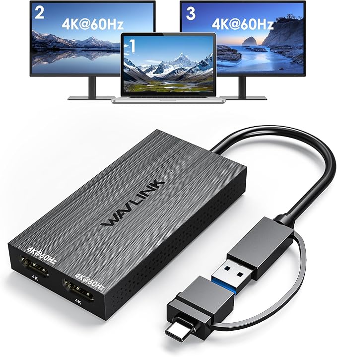 WAVLINK USB 3.0 or USB C to Dual HDMI 4K@60hz Splitter Extended Display for Dual Monitor, Displaylink Adapter Two HDMI 4K 60Hz for Apple Mac M1-M5/Macbook Neo or Windows 10/11,Driver Required