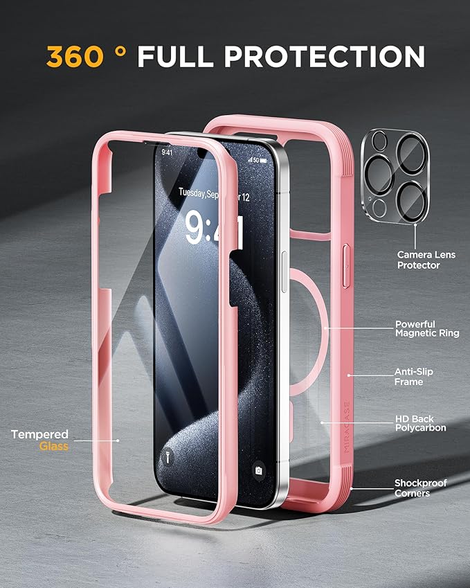 Miracase Magnetic for iPhone 15 Pro Case [Compatible with MagSafe] Full-Body Phone case with Built-in Glass Screen Protector& Camera Protector, Military Drop Proof 15 Pro Cover, Magnetic Pink