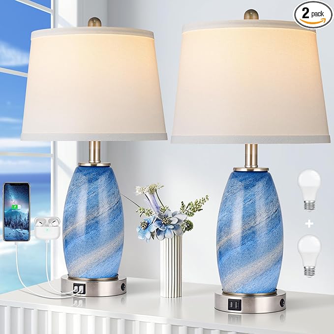 Lovlast Blue Lamps Set of 2 for Bedroom & Bedside with 3-Way Lighting Modes & USB C+A - Modern Style Glass Nightstand Table Lamps for Living Room & Bedroom Decoration (23.5" H)
