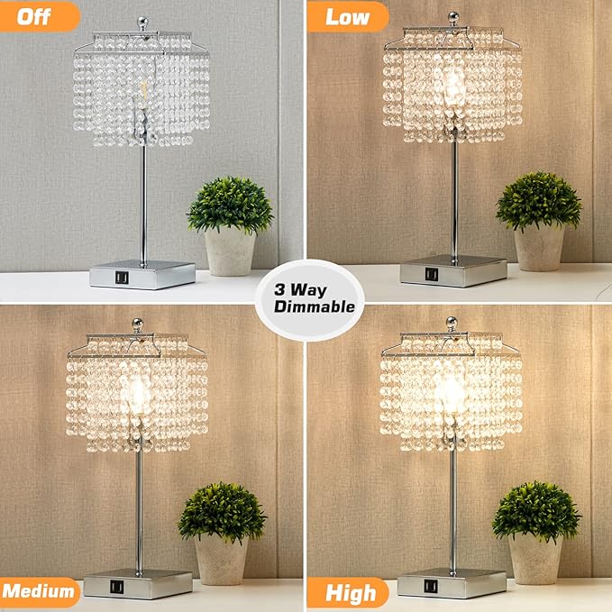 Luvkczc Crystal Table Lamp with Touch Control Set of 2, USB Bedside Table Lamp with USB C+A Ports, Dimmable Lamp with Crystal Shade for Bedroom, Living Room, 6W LED Bulb Included