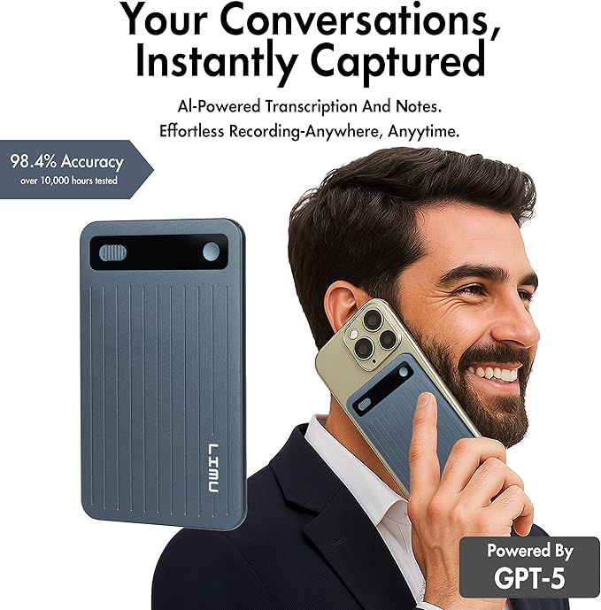 LIMU AI Voice Recorder, German Design AI Note Taking Device with GPT-5, Slim 64GB, 400 Min/Month Audio Recorder, Transcribe, Summarize, MindMap, 125 Language, AI Assist for Meetings, Calls, Lectures