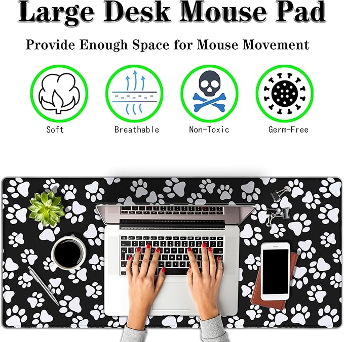 Keyboard Mousepad Black White, Big Mouse Pad Office Desk Pad Non-Slip Rubber Base Waterproof with Stitched Edges, 35.4" X 15.7" for Work/Game/Office/Home Dog Paw. Cat Footprint Dog Paw