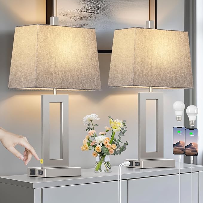 Cinkeda Touch Control Table Lamp Set of 2, Modern Silver Bedside Lamps with USB C+A Ports & AC Outlet, 3 Way Dimmable Bedroom Lamps for Night Stands Bedroom Living Room,Nightstand Lamp