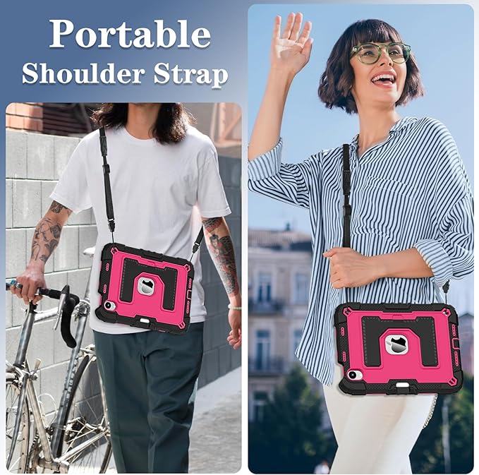 Kids Friendly Case for Apple iPad mini 7 A17 Pro 2024/iPad Mini 6 2021 8.3 Inch 7th/6th Gen Case with Pencil Holder & Shoulder Strap, Shockproof Kickstand Hard Shell Protective Cover,Black+Rose
