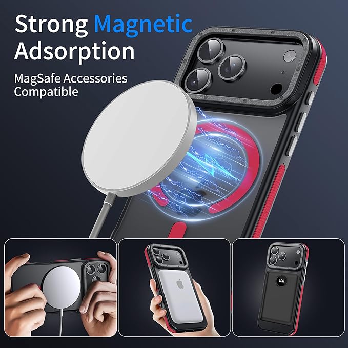 Strong Magnetic for iPhone 17 Pro case with Camera Lens Protector [10Ft Military-Grade Protection] Compatible with fit MagSafe Shockproof Slim Thin Cover case for iPhone 17 Pro 6.3 inch, Red