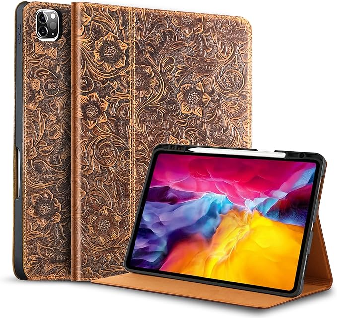 Gexmil Genuine Leather Case for iPad Pro 11 Inch 4/3/2/1st Gen 2022/2021/2020/2018,Smart Folio with Pencil Holder,Protective Shockproof Real Leather Cover,Auto Sleep/Wake,Flower Brown