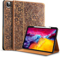 Gexmil Genuine Leather Case for iPad Pro 11 Inch 4/3/2/1st Gen 2022/2021/2020/2018,Smart Folio with Pencil Holder,Protective Shockproof Real Leather Cover,Auto Sleep/Wake,Flower Brown