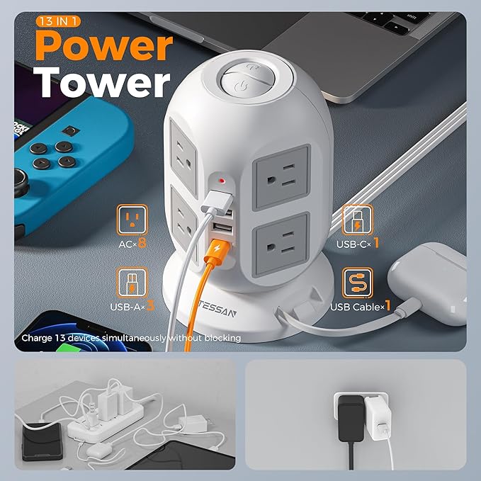 Tower Surge Protector Power Strip 10 ft, Long Flat Extension Cord with Multiple Outlets, 8 AC Outlets with 4 USB Ports, 1 Built-in USB Cable, Charging Station with Surge Protection, for Home Office