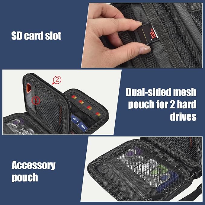 casmilee Hard Drive Case for SanDisk Extreme PRO Portable SSD (500GB-8TB)/ for Samsung T7 T9/ for Crucial X9 X10 Pro, Anti-Shock Travel Organizer for Photographers & Creators, Holds 2 SSDs, SD Cards
