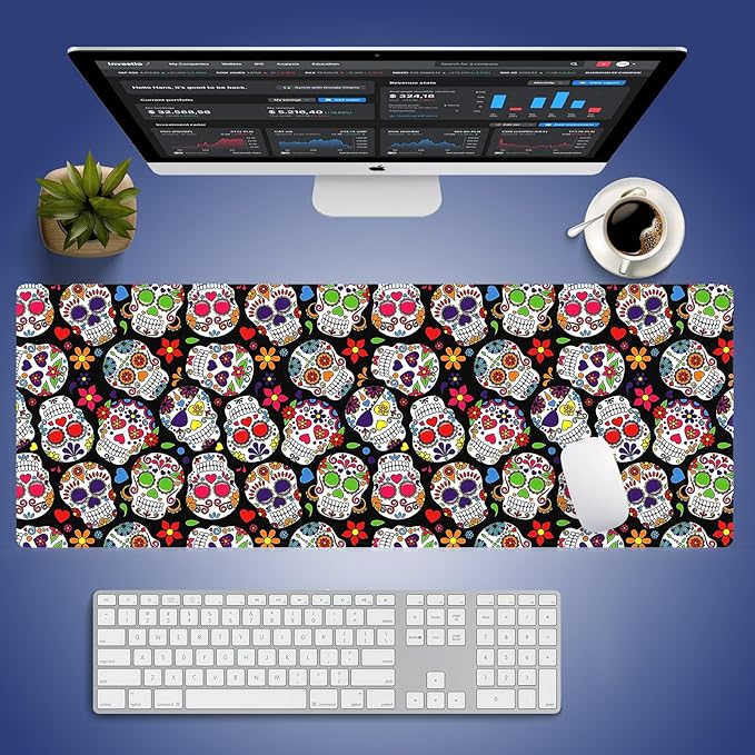 XXL Gaming Mouse Pad with Stitched Edges for Home & Office - Colorful Sugar Skull Abstract Seamless Floral Day of The Dead Design, Smooth Cloth Surface Anti-Slip Rubber Base Large Desk Mat