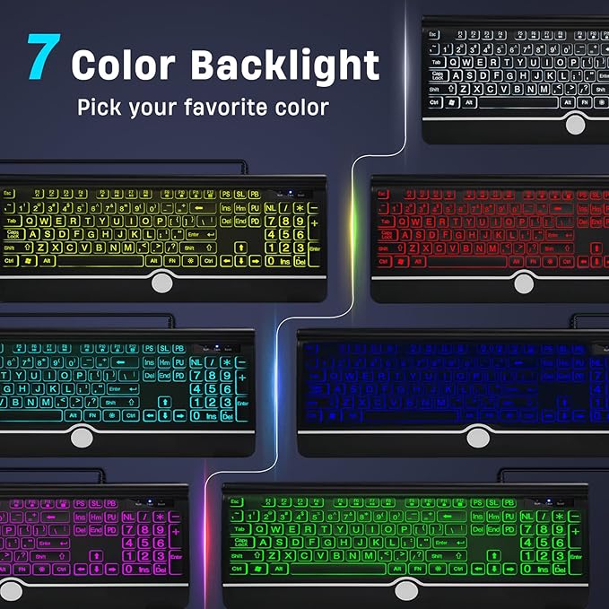 Large Print Backlit Computer Keyboard, 7-Color Backlit Keyboard with Wrist Rest, USB Plug-and-Play, Oversize Letters Keys Easy to See and Type, Wired Light Up Keyboards for Laptop, PC, Gaming