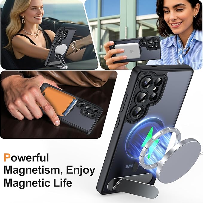 Magnetic for Samsung Galaxy S25 Ultra Case, [Compatible with MagSafe][Full Camera Protection][Built-in Invisible Kickstand] Translucent Matte Phone Case for S25 Ultra 6.9" - Black