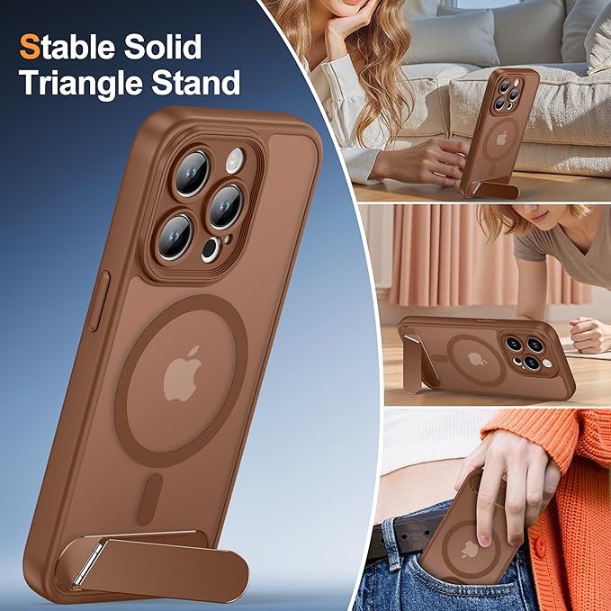 Magnetic Compatible with iPhone 15 Pro Case, [Built-in Kickstand][Full Camera Protection][Compatible with MagSafe][Anti-Fingerprint] Shockproof Phone Case for iPhone 15 Pro 6.1",Brown