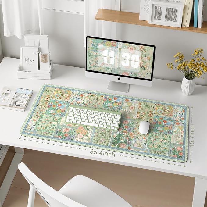 iCasso Green Large Mouse Pad, Gaming Mat, Desk Matt for Desktop, Floral Desk Pad Mat, Anti-Slip XXL Big Mousepad with Stitched Edges for Computer
