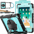 SEYMAC stock Case for iPad 6th / 5th Generation Case/Air 2 / Pro 9.7 inch, Heavy Duty Protective with Screen Protector, with Pencil Holder, Hand Strap, Shoulder Strap, 360 Rotate Stand, SkyBlue+Black