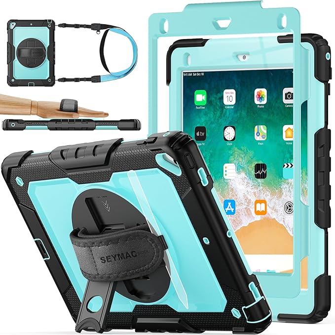SEYMAC stock Case for iPad 6th / 5th Generation Case/Air 2 / Pro 9.7 inch, Heavy Duty Protective with Screen Protector, with Pencil Holder, Hand Strap, Shoulder Strap, 360 Rotate Stand, SkyBlue+Black