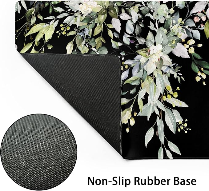 Sage Green Leaves Gaming Mouse Pad XL Spring Summer Floral Extended Large Desk Mat Black Big Mousepad Non-Slip Rubber Base Stitched Edge Long for Desktop Office Computer Gamer,31.5×11.8 in