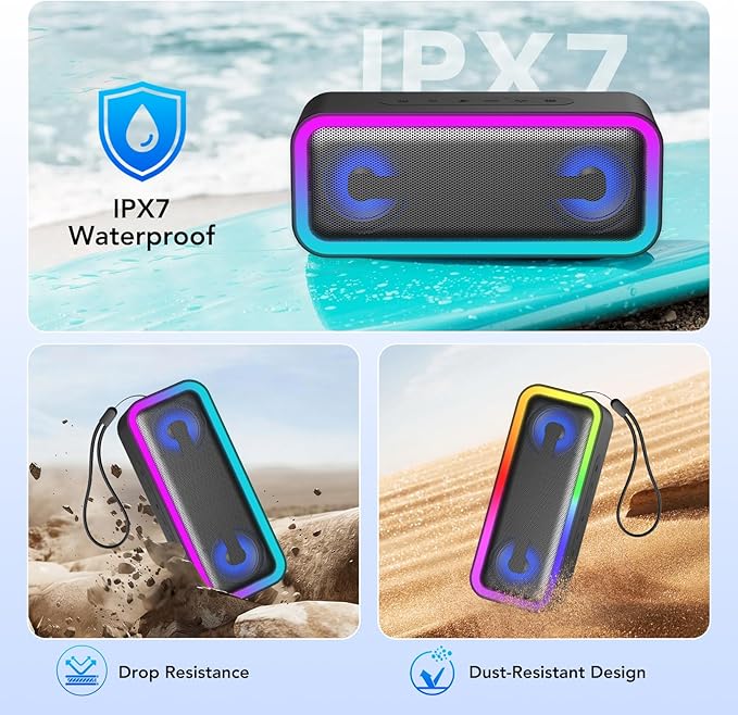 IKT Portable Bluetooth Speaker with Lights x Holidays/World Cup Stuffers, 30W Loud Stereo Sound, Bluetooth5.4, Enhanced Bass,24H Playtime, TWS Pairing, IPX7 Waterproof, Speakersfor Home/Party/Outdoor