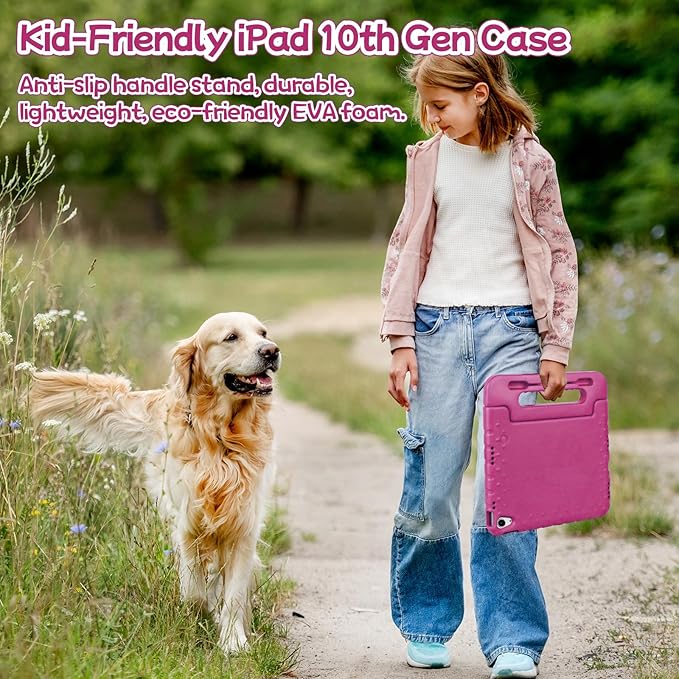 Kids Case for iPad A16 11th (2025)/iPad 10th Gen (2022) with Pencil Holder & Handle Stand, Super Protection EVA Toddler-Friendly Cover for iPad 11"(A16)/10th Generation 10.9"-Rose Red