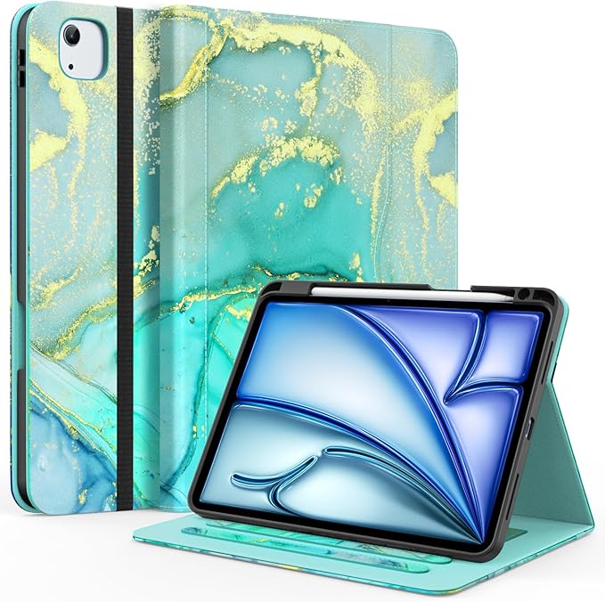 ZoneFoker Case for iPad Air 11-inch M3/ M2 (2025/2024), iPad Air 5th/ 4th Generation 10.9'' (2022/2020), iPad Pro 11 (4th/3rd/2nd/1st Gen), Multi-Angle Stand Cover with Pencil Holder, Marble Green