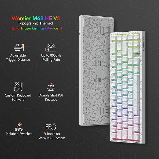 Womier M68 HE V2 Rapid Trigger Keyboard 60% Percent, Hall Effect Topographic Gaming Keyboard, Wired RGB Custom Mechanical Key Board with Magnetic Switch, PBT Keycaps for Mac/Win (White)