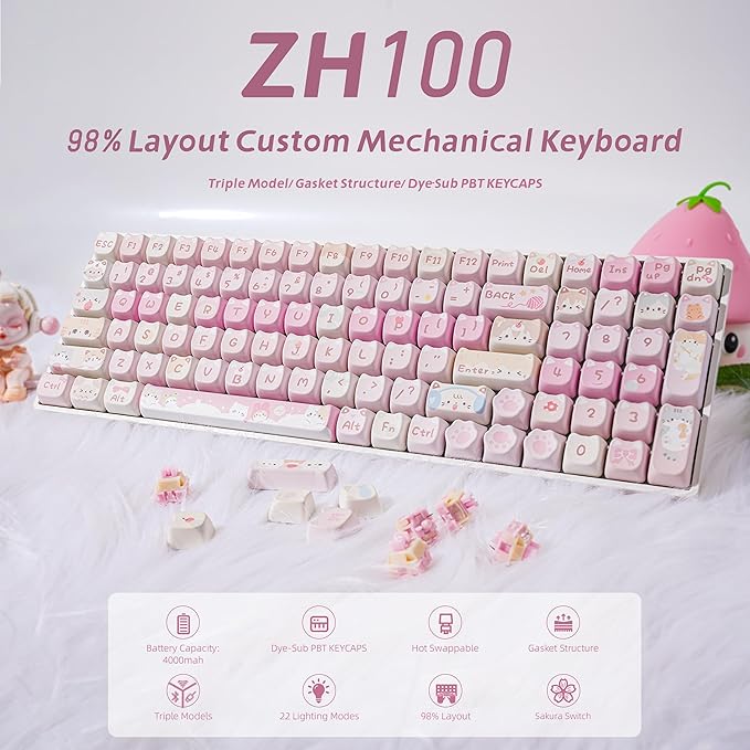 ZORNHER ZH100 Wireless Cat Mechanical Keyboard,98% Pink Cute Creamy Keyboard with Number Pad,Full Size Girly Kitty Gaming Keyboard,Meow Meow Squad Keycaps,Creamy Souding Linear Switches