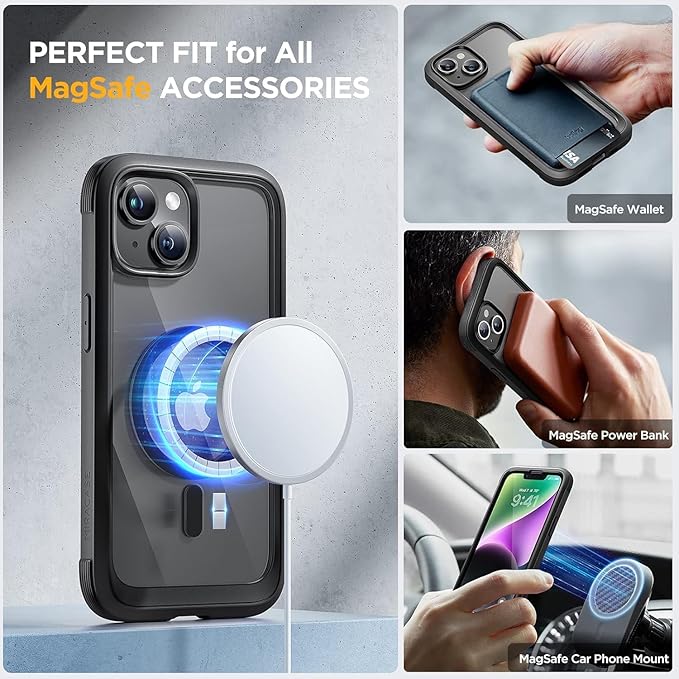 Miracase Glass Series Designed for iPhone 14 Plus Case 6.7 inch, Upgrade Full-Body Magnetic Clear Case with Built-in 9H Tempered Glass Screen Protector,Compatible with MagSafe, Black