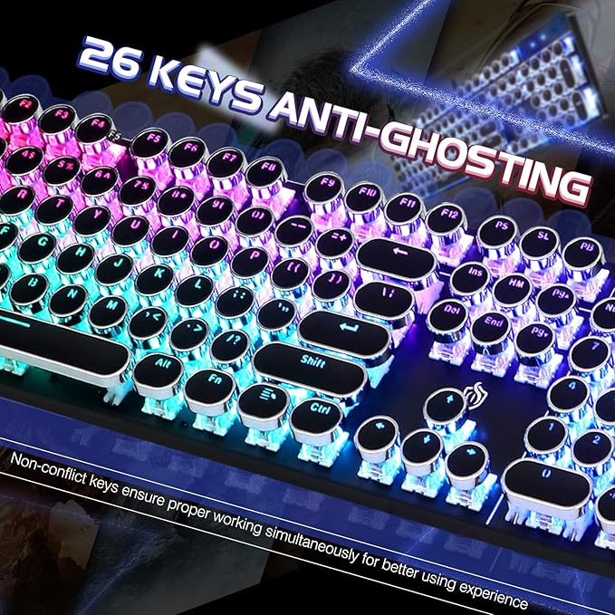 YSCP Typewriter Style Mechanical Gaming Keyboard RGB Backlit Wired with Blue Switch Retro Round Keycap 104 Keys Keyboard (R-Black)