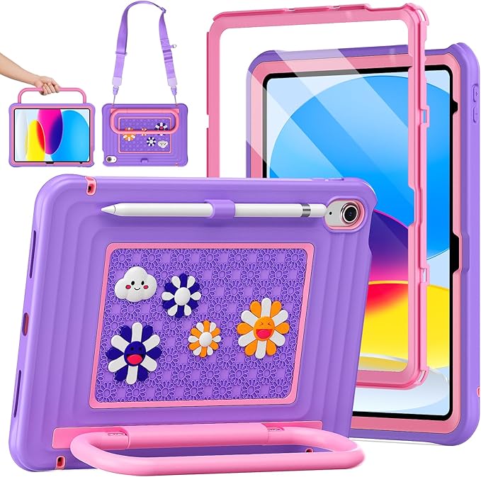 KAIJIAbox Kids Case for iPad A16 11th Generation 11 inch 2025/10th Generation 10.9” 2022- Military-Grade Rugged Drop Protection with Metal Handle/Stand, Screen Protector,Shoulder Strap-Purple