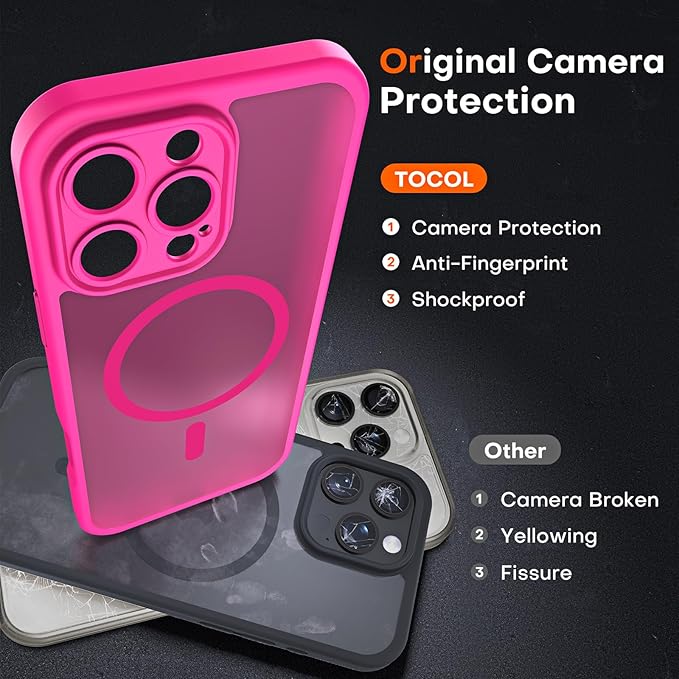 TOCOL for Phone 16 Pro Case, Compatible with Magsafe Charger, Full Camera Protection, Drop Protection, Translucent Matte Phone Case for iPhone 16 Pro 6.3 inch (Hot Pink)