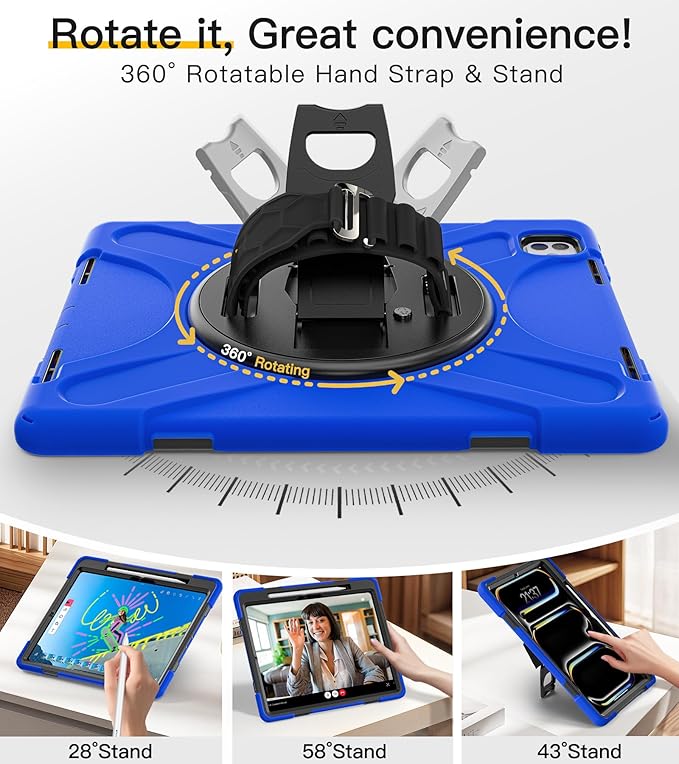 BRAECN for iPad Pro 13 inch Case M5 2025 & M4 2024 Heavy Duty Shockproof Protective with Pencil Holder Screen Protector 360°Rotating Stand Handle & Shoulder Strap Full Body Cover Kids Friendly