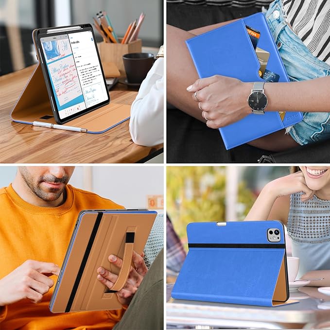 DTTO for iPad Pro 13 inch Case (M5/M4) 2025/2024, Premium Leather Business Folio Stand Cover with Pencil Holder - Auto Wake/Sleep & Multiple Viewing Angles, Built in Hand Strap & Pocket, Royal Blue