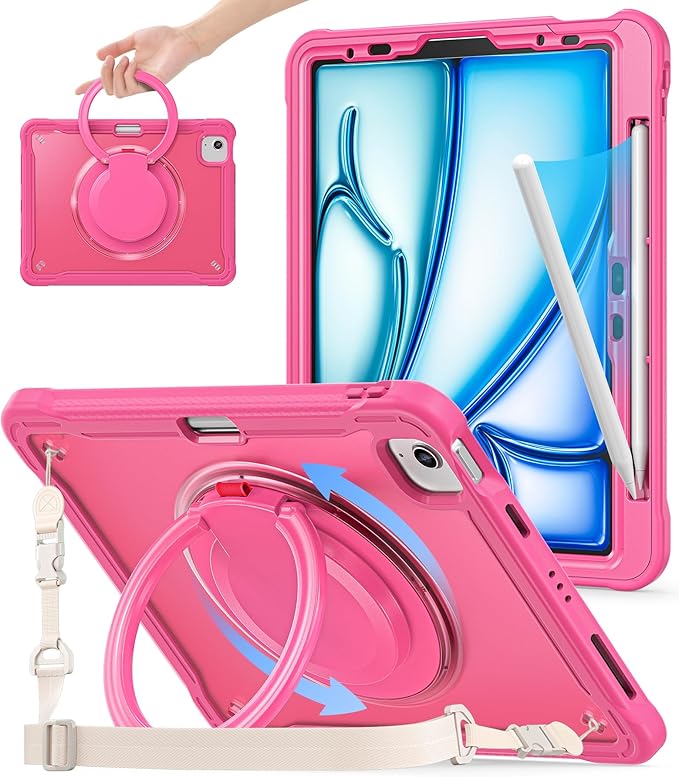 BATYUE Case for iPad Air 11-inch M4(2026)/M3(2025)/M2(2024), iPad Air 4/5 10.9" & Pro 11" 2018-2022 - Shockproof Case with 360° Rotating Stand & Handle, Pencil Holder, Shoulder Strap, Rose