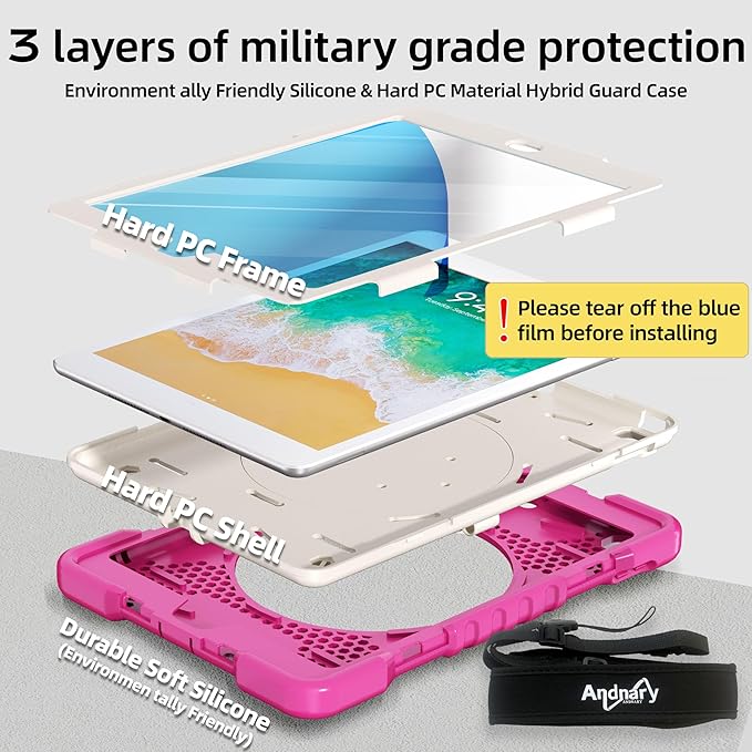 Andnary Case for iPad 6th/5th Generation 9.7 inch 2018/2017 Case, iPad Air 2/Pro 9.7 inch Heavy Duty Protective Cover with 360° Rotate Handle Stand, Pencil Holder, Shoulder Strap (Rose Red+White)