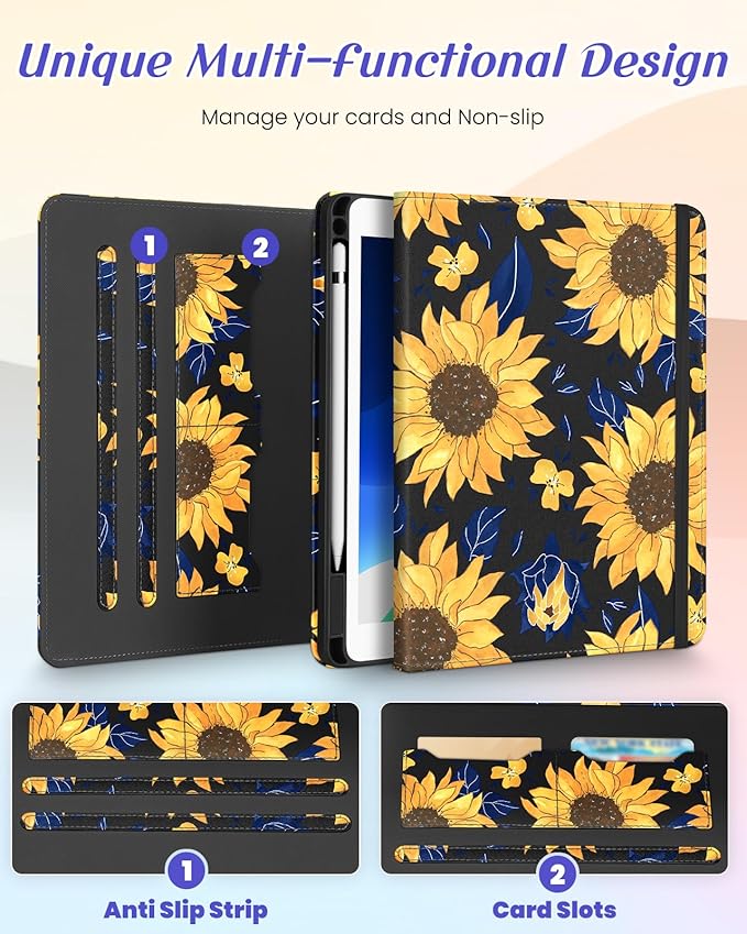 Kidcube for iPad Air 3rd Generation Case/Pro 10.5 Inch Case - Women Girls Kids Cute Rotating Stand Folio Cover with Pencil Holder & Card Slot Kawaii Sunflower Design Cover for iPad Pro 10.5''/Air 3rd