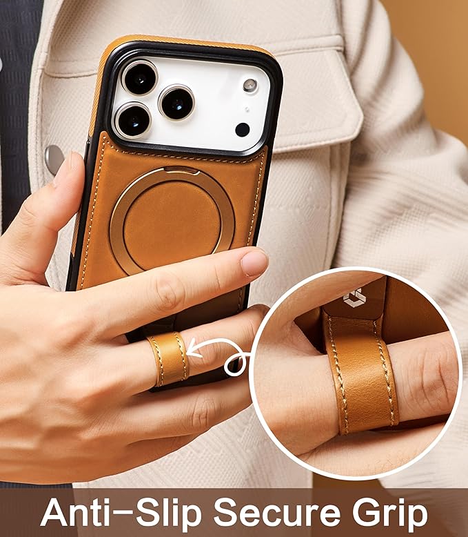 Butaiga for iPhone 17 Pro Max Leather Case with Stand, Anti-Slip Grip Ring, Fits for MagSafe (Brown, iPhone 17 Pro Max)