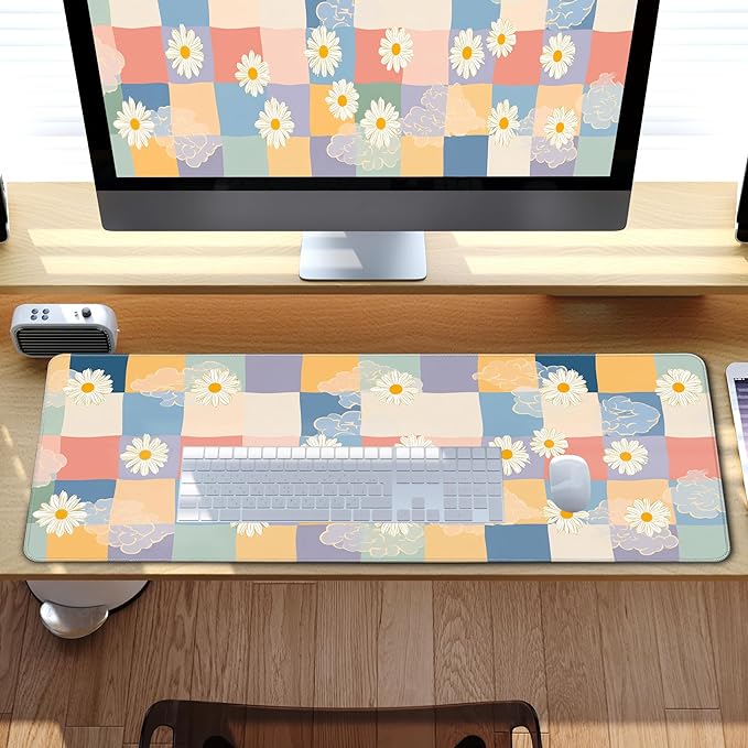 Wildflower Desk Pad Hand Drawn Gaming Floral Mouse Pad Large Mouse Pad for Desk Computer Pc Laptop Office Decor for Women, Anime Mouse Keyboard Pad Stitched Edges (31.5x11.8 in)