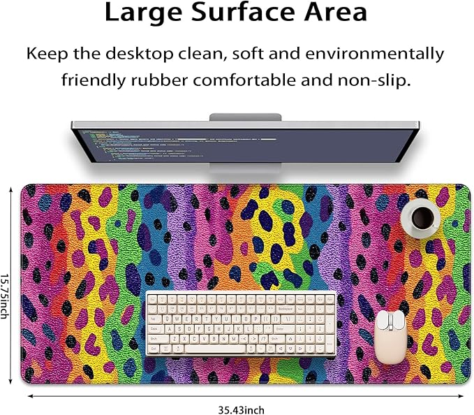 35.4 x 15.7 in, XXL Large Mouse Pad for Desk, Extended Keyboard Mouse Mat for Computer Office, Big Mouse pad with Stitched Edges, Gaming Pc-Rainbow Leopard