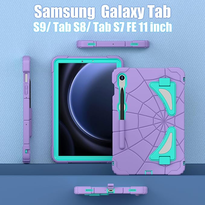 AKABEILA Compatible with Samsung Galaxy Tab S7/S8/S9/S9 FE 11 inch(2023) Tablet Case，Lightweight Shockproof Rugged Protective Cover with Kickstand for Kids Children Boys Babies Purple Mint Green