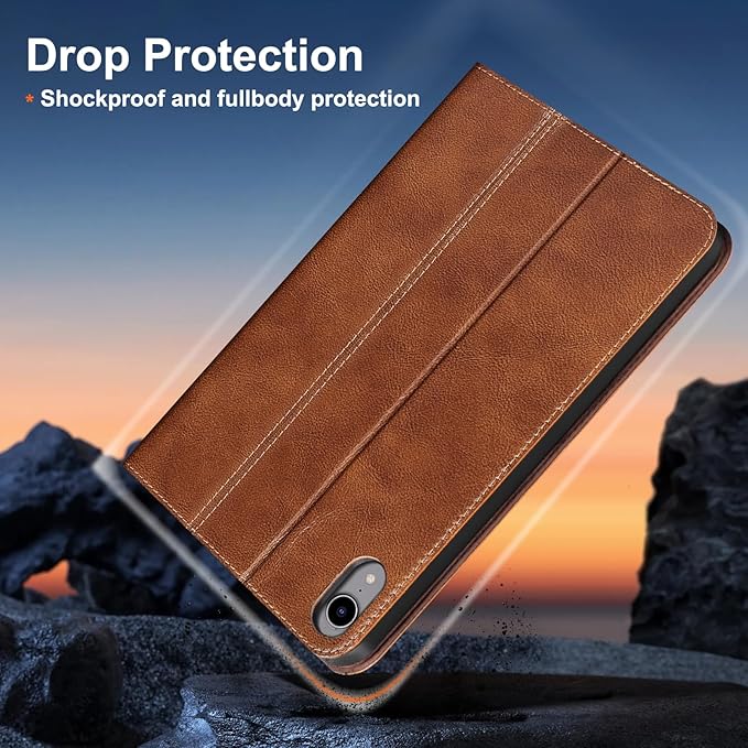 Gexmil Leather Case for iPad mini 7 (A17 Pro) 2024 / iPad mini 6 Generation 2021 8.3 Inch,Premium Cowhide Cover with Adjustable Stand, Auto Wake/Sleep,Vegetable Tanned Brown