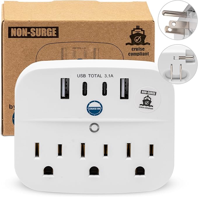 Cruise Approved Power Strip Foldable, Non Surge Protector Travel Power Strip, 2 USB-C, 2 USB, 3 AC Outlet Plugs - Cruise Essentials for Carnival, Celebrity, Princess & Major Lines in 2026 & 2027
