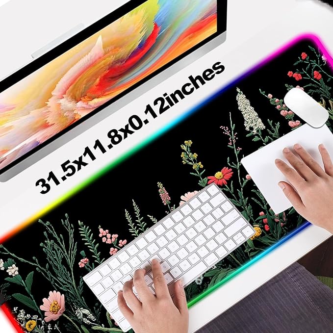 RGB Pretty Wildflower Gaming Desk Mat, Computer Keyboard Large Extended Flowers LED Mouse Pad for Office and Home, 31.5×11.8 Inches, XL