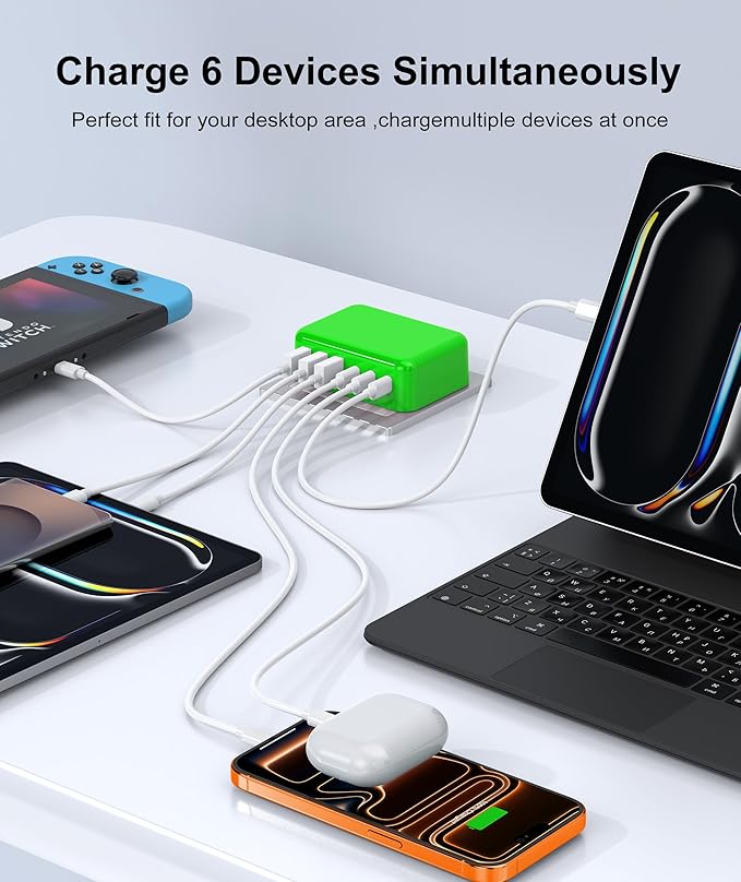 Fast Charger Block, GaN 6 Port USB C Charging Station Hub Cube, 100W Multiport Type C Wall Charger Power Strip Plug with PD 3.0+QC for iPhone 16 Pro Max 15 14 13 12 11 XR XS 8 7, Samsung, iPad, Table