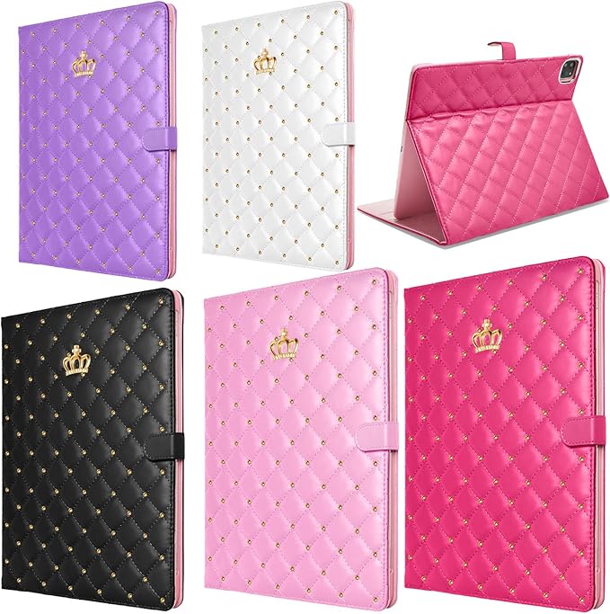 Changjia for iPad Pro 12.9 Inch Case 6th/5th/4th/3rd Generation (2022/2021/2020/2018),Crown Diamond Bling Cute PU Leather Smart Auto Sleep/Wake Stand Shockproof Protective Case for iPad 12.9",Rose Red