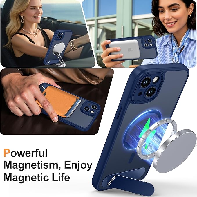 Magnetic Compatible with iPhone 15 Plus Case, [Built-in Kickstand][Full Camera Protection][Compatible with MagSafe][Anti-Fingerprint] Shockproof Phone Case for iPhone 15 Plus 6.7",Blue