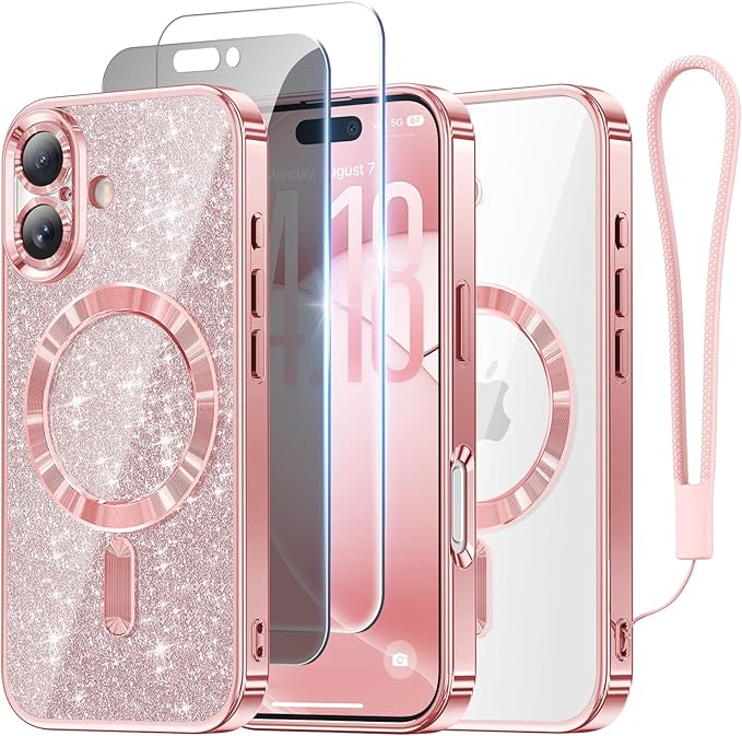 Meifigno Designed for iPhone 17 Case, [Glitter Card & Wrist Strap] [Compatible with MagSafe] [1HD+1X Privacy Screen Protectors] Surround Raised Lens Protection for iPhone 17 Case 6.3 Inch, Rose Gold