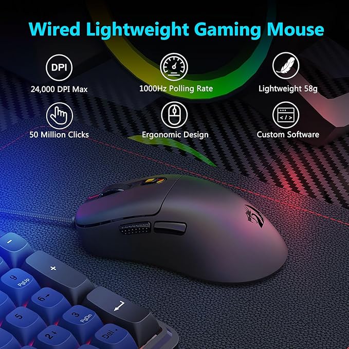 Redragon Wired Gaming Mouse, Lightweight Ergonomic Optical Mouse, 5 Adjustable DPI Up to 24000, 6 Programmable Buttons, Soft Braided Cable for Windows PC Gamers & Laptop - Black